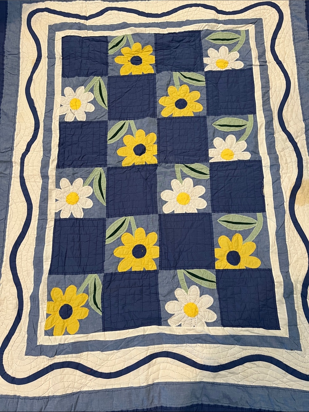 Navy Blue Patchwork Quilt with Yellow & White Flowers